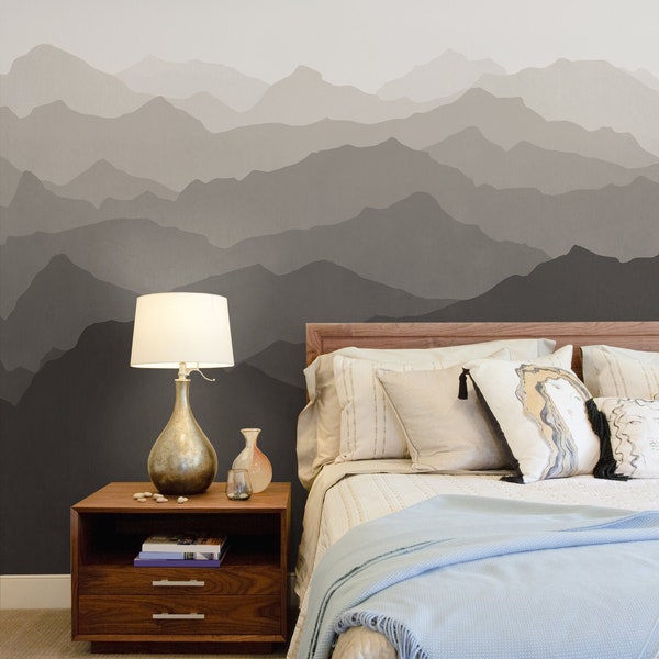 Mountain Mural Wallpaper, Warm Grey, Mountain Extra Large Wall Art, Peel and Stick Wall Mural