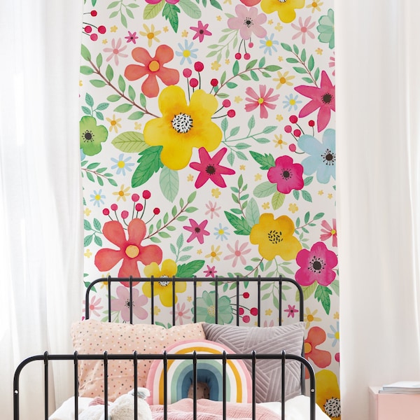 Bright Pop Flowers Mural Wallpaper, Spring Yellow, Peel and Stick Wall Mural
