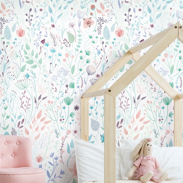 Wild Flowers Mural Wallpaper, Watercolor Floral Wall Art, Peel and Stick Wall Mural