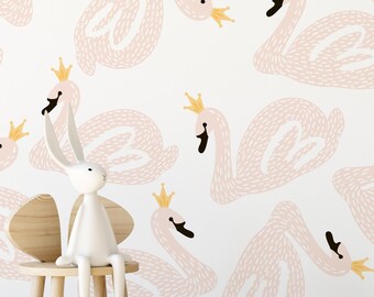 Swan Lake Mural Wallpaper, Spring Pink, Wall Art, Peel and Stick Wall Mural