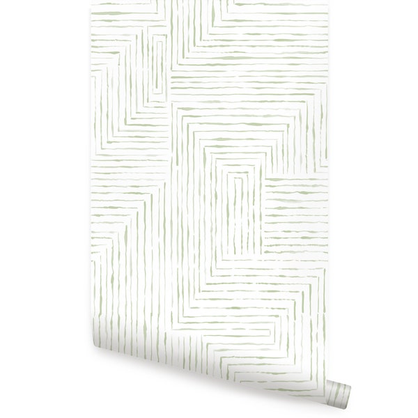 Geometric Watercolor Lines, Avocado,   Repositionable Wallpaper