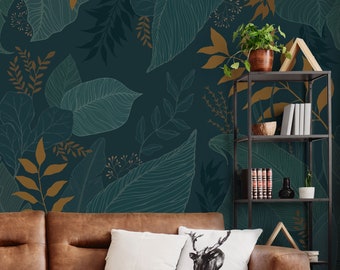 Hand Drawn Floral Leaves, Forest Gold, Peel and Stick Wall Mural