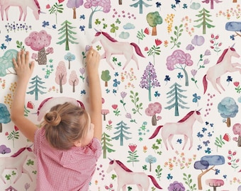 Unicorn Forest Mural Wallpaper, Day, Peel and Stick Wall Mural