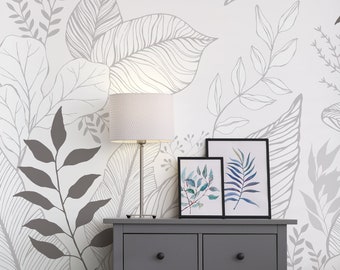 Hand Drawn Floral Leaves, Grey, Peel and Stick Wall Mural