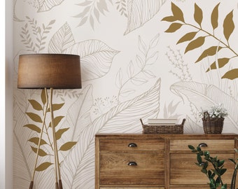 Hand Drawn Floral Leaves, Gold, Peel and Stick Wall Mural