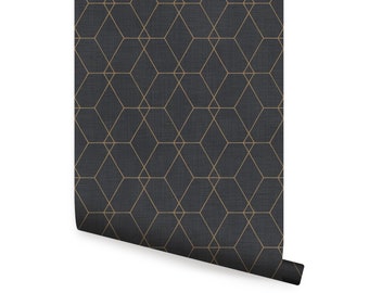 Hexagon Geometric Art Deco Lines Wallpaper, Ebony,   Repositionable Wallpaper