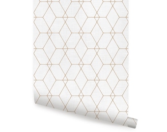 Hexagon Geometric Art Deco Lines Wallpaper, Off-White,   Repositionable Wallpaper