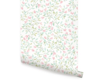 Floral Vines Watercolor Wallpaper, Coral Mint Green,   Repositionable Wallpaper