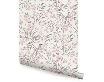 Blossom Birds Wallpaper, Light, Repositionable Wallpaper