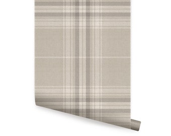 Cozy Plaid Wallpaper, Beige Grey,   Repositionable Wallpaper