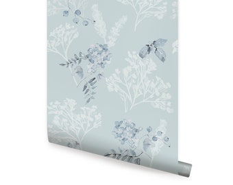 Breezy Blooms, Bleu, Papier peint repositionnable