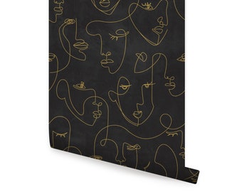 Minimalist Face Textured Look Black and Gold Peel & Stick  Wallpaper Repositionable