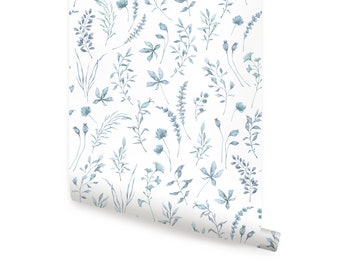 Watercolor Botanical Leaves Wallpaper, Blue,   Repositionable Wallpaper