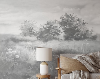 Vintage Art Landscape Mural Wallpaper, Black and White, Peel and Stick Wall Mural