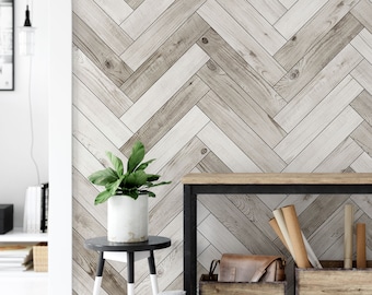 Herringbone Whitewashed Barn Wood Planks Mural Wallpaper, Accent, Wall Art, Peel and Stick Wall Mural