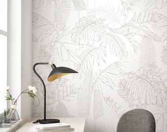 Hand Drawn Jungle Leaves, Grey, Peel and Stick Wall Mural