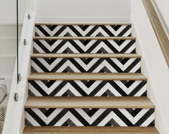 Chevron Striped Wood, B&W,   Repositionable Stair Riser Strip