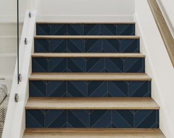Gold Lines Chevron, Navy,    Vinyl Peel and Stick Stair Riser Strip Sticker