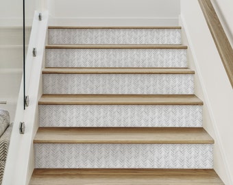 Watercolor Herringbone, Winter Grey,   Repositionable Stair Riser Strip