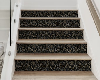 Plant Pattern Floral, Black Gold,   Repositionable Stair Riser Strip