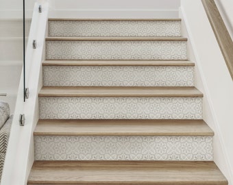 Floral Tiles, Beige,   Repositionable Stair Riser Strip