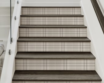 Cozy Plaid, Beige Grey,   Repositionable Stair Riser Strip