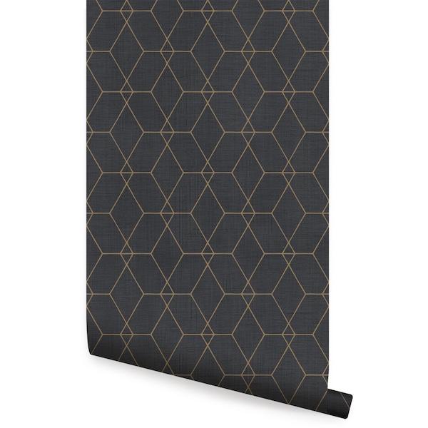 Hexagon Geometric Art Deco Lines Wallpaper, Ebony,   Repositionable Wallpaper