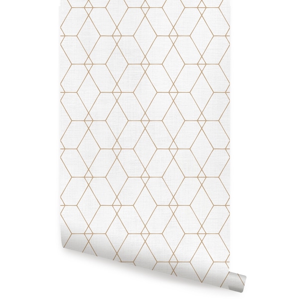 Hexagon Geometric Art Deco Lines Wallpaper, Off-White,   Repositionable Wallpaper