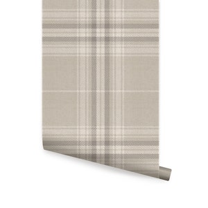 Cozy Plaid Wallpaper, Beige Grey,   Repositionable Wallpaper