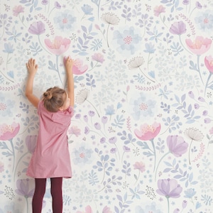 Peel and Stick Wallpaper - Whimsy Floral Watercolor - Pink Purple, Peel and Stick Wall Mural