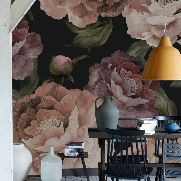 Bloom Flower Mural Wallpaper, Dark, Watercolor Floral Wall Art, Peel and Stick Wall Mural