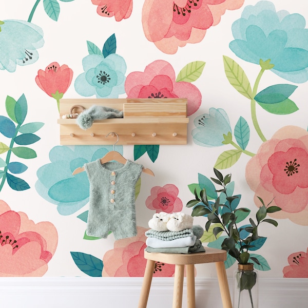 Kids Watercolor Flower, Coral Mint, Peel and Stick Wall Mural