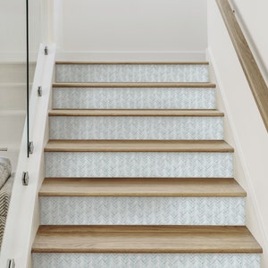 Watercolor Herringbone, Misty Blue,   Repositionable Stair Riser Strip