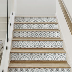 Flower Moroccan Tile, Blue,    Vinyl Peel and Stick Stair Riser Strip Sticker