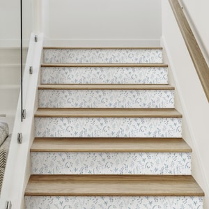 Watercolor Botanical Leaves, Blue,    Vinyl Peel and Stick Stair Riser Strip Sticker