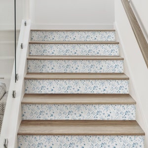 Plant Pattern Floral, Blue,    Vinyl Peel and Stick Stair Riser Strip Sticker