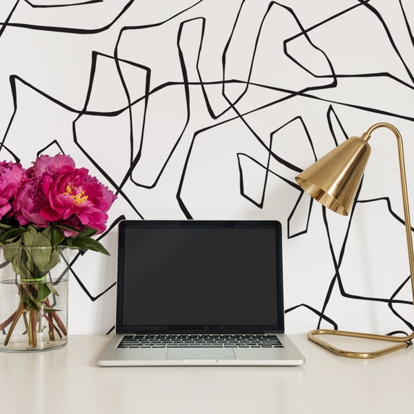 Entangled Lines Abstract Mural Wallpaper, Black, Peel and Stick Wall Mural