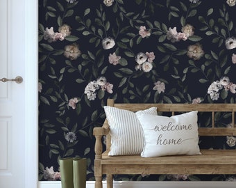 Dark Floral Mural Wallpaper, Floral Wall Art, Peel and Stick Wall Mural