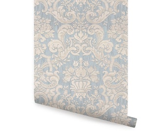 Damask Weave Textured Look, Blue,   Repositionable Wallpaper