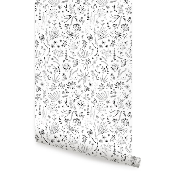 Papier peint floral repositionnable noir et blanc à motif végétal