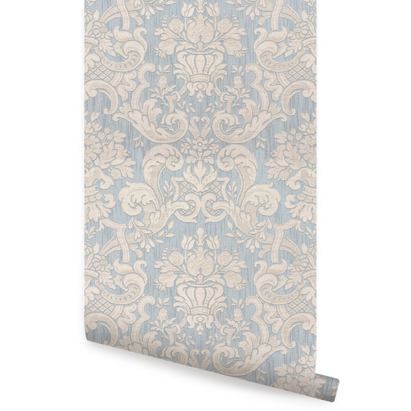 Damask Weave Textured Look, Blue,   Repositionable Wallpaper