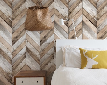 Chevron Wood Herringbone Wallpaper, Original,   Repositionable Wallpaper