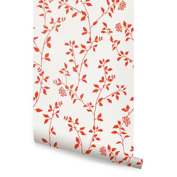 Branch Flower Orange Peel & Stick  Wallpaper Repositionable