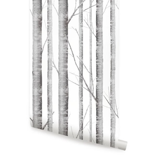 Birch Tree Wallpaper, Grey,  Removable Peel & Stick Wallpaper