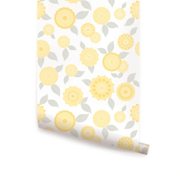 Modern Flowers Yellow Peel & Stick  Wallpaper Repositionable