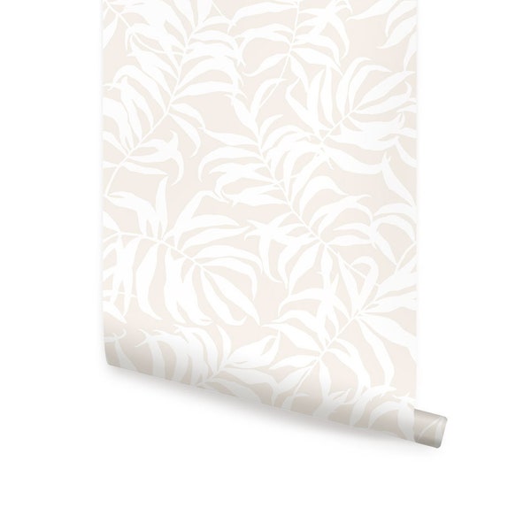 Tropical Palm Leaves Solid Beige Peel & Stick  Wallpaper Repositionable