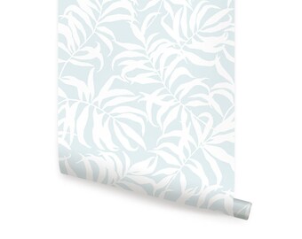 Tropical Palm Leaves Solid Light Blue Peel & Stick  Wallpaper Repositionable