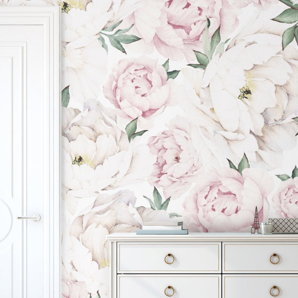 Peony Flower Mural Wallpaper, Pink, Watercolor Peony Extra Large Wall Art, Peel and Stick Wall Mural