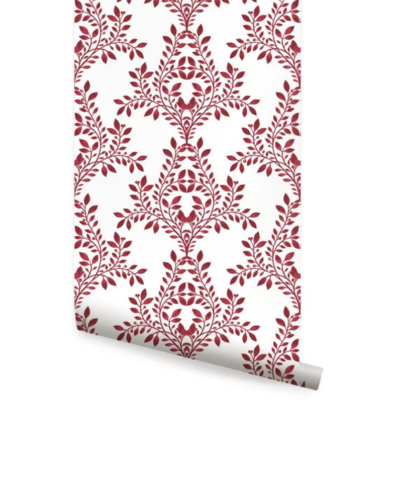 Damask Leaves Wallpaper Red Peel & Stick Fabric Wallpaper Etsy