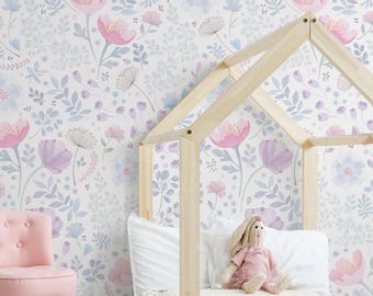 Whimsy Floral Watercolor Wall Covering | Pink Purple | Peel and Stick or Unpasted Wallpaper Mural | Non-toxic